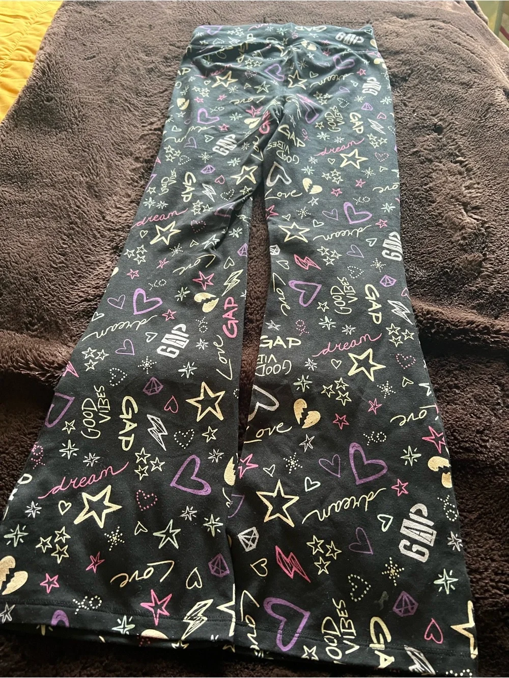 GAP Kids Black Fleece-Lined Graphic Flare Pants with Multicolor Prints